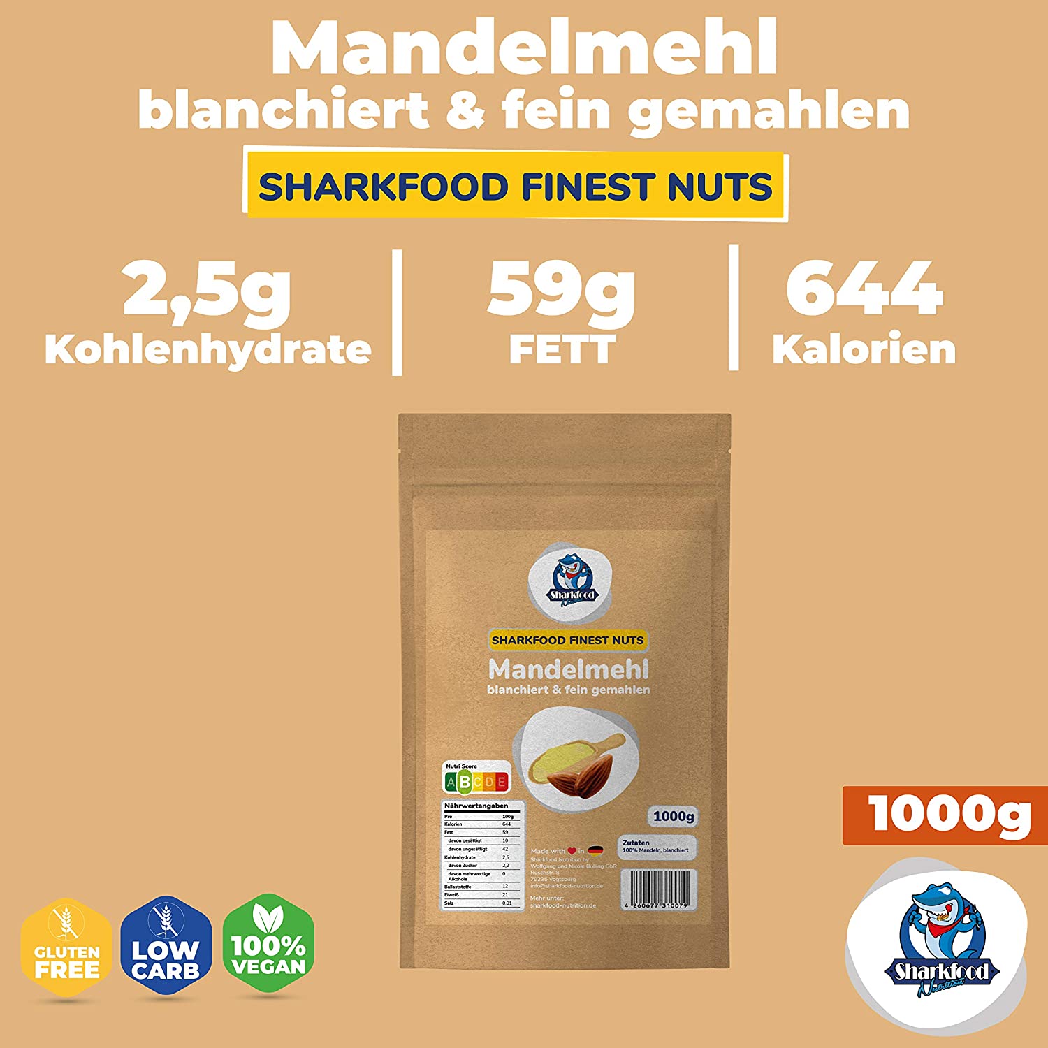 Premium Mandelmehl 1 KG - fein gemahlen, naturbelassen & nicht entölt, aus blanchierten Mandeln (weiß) - Low Carb & Keto geeignet - Vollfett zum Backen & Kochen - 1000 g - Sharkfood Nutrition